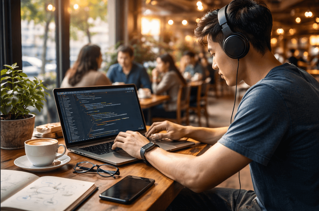 Man studying JavaScript fundamentals on laptop