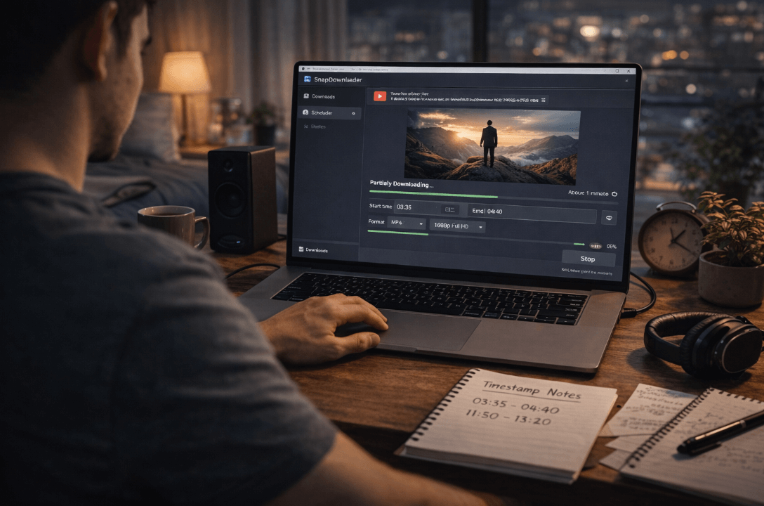 Man using laptop to download YouTube video in specific time frame