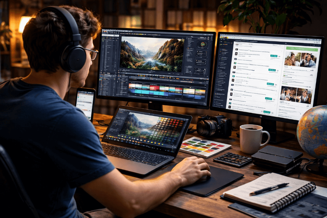 Man working at a dual-monitor setup for freelance business