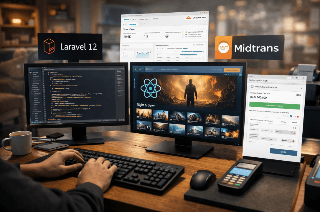 Man working at desk with dual monitors for SC Laravel and React movie streaming guide