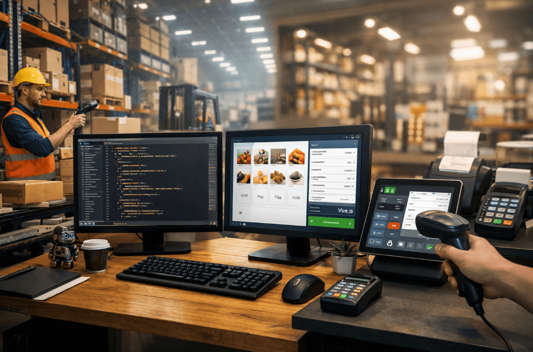 Man working on computer in warehouse setting