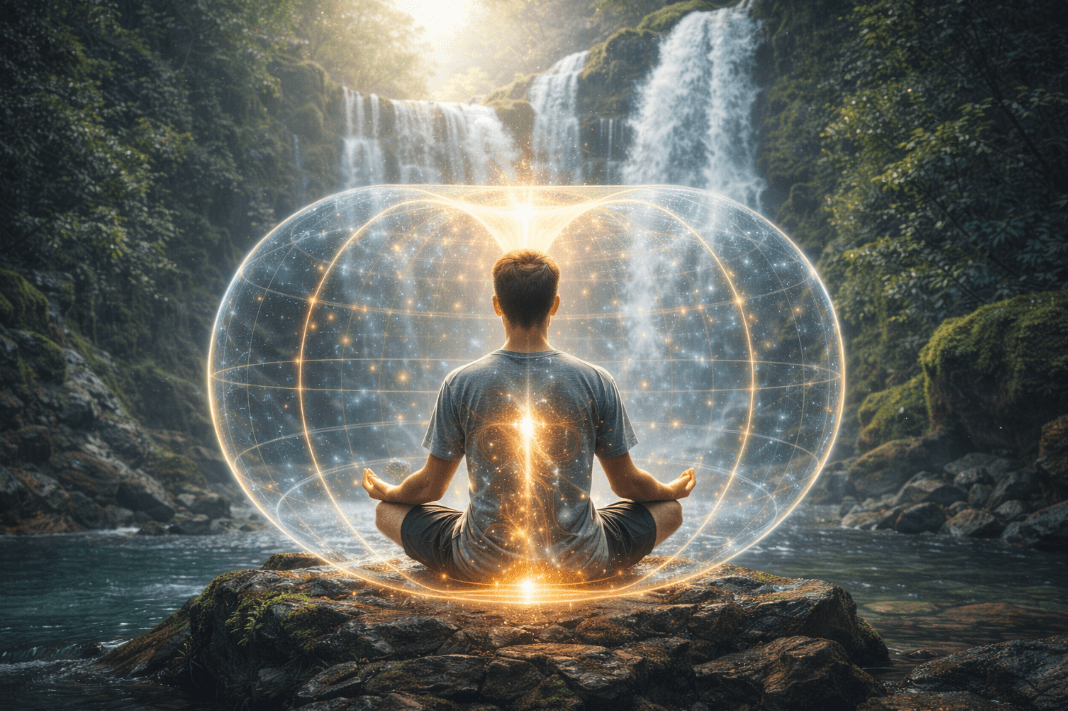 Meditating man in nature by waterfall