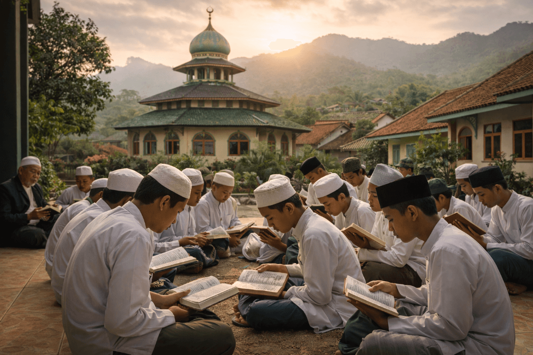 Men reading books together on the ground in Sukabumi
