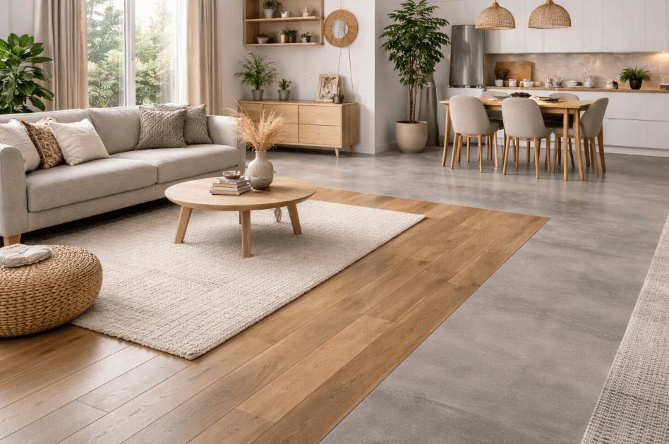 Modern living room with furniture and large window showcasing alternative flooring