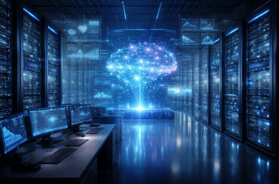 Multiple computer monitors in a tech development room for AI research