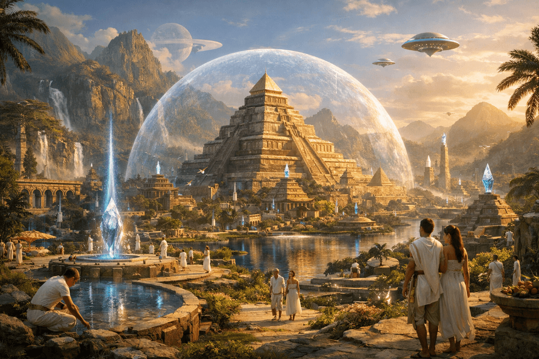 Painting of a couple viewing a futuristic city reflecting Lemurian era concepts