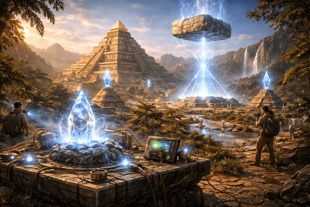 Painting of sci-fi scene with man and futuristic elements