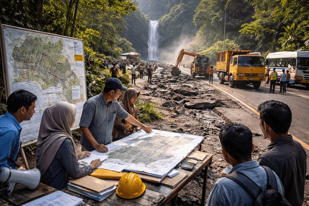 People discussing road and infrastructure improvements on a map