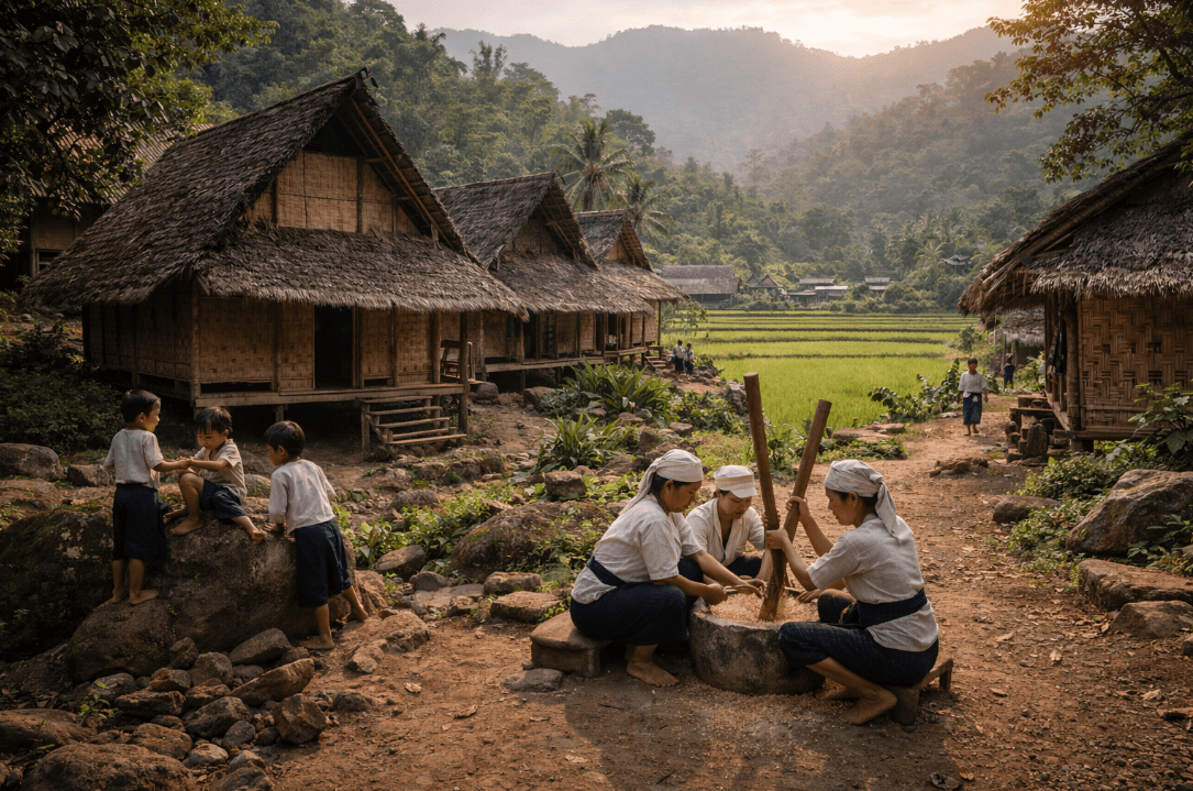 People gathering on dirt field in Baduy Dalam cultural setting