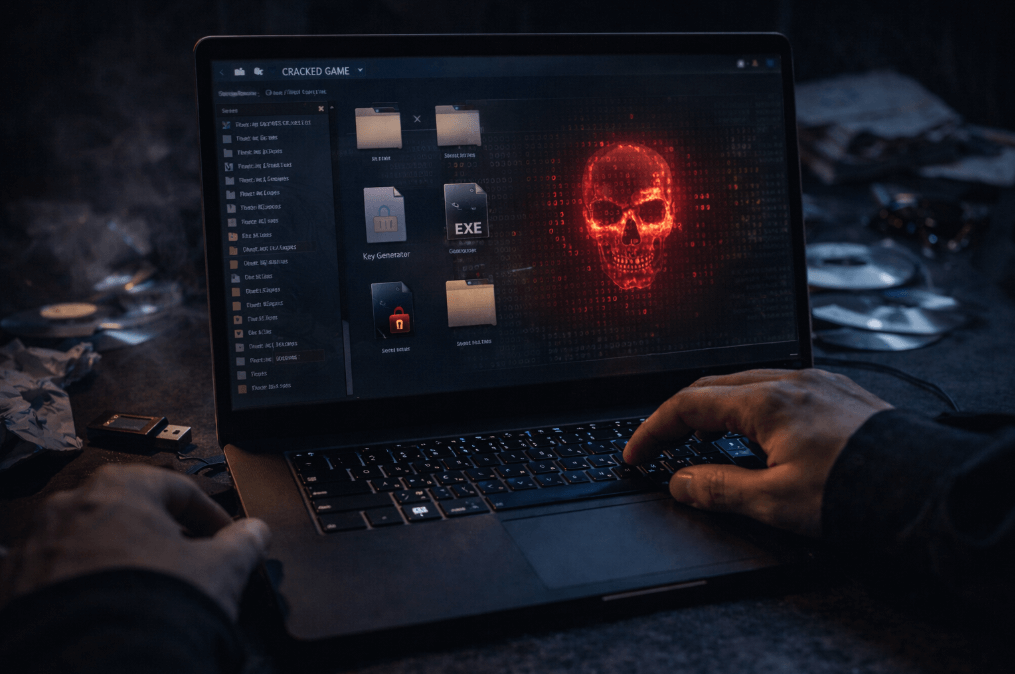 Person using laptop with skull on screen indicating malware warning in pirated game