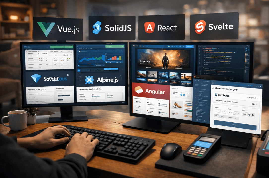 Person using multiple computer screens for frontend development research