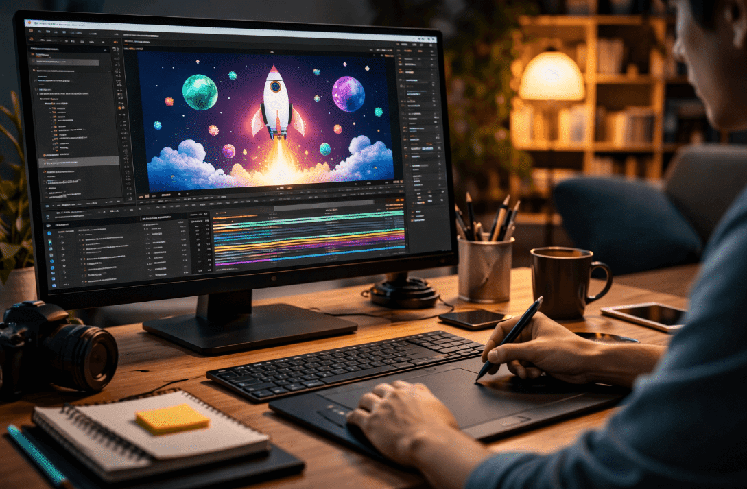 Person working on computer for After Effects video animation course