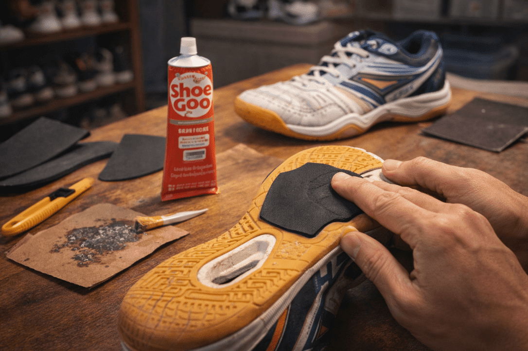 Repairing badminton shoes with glue