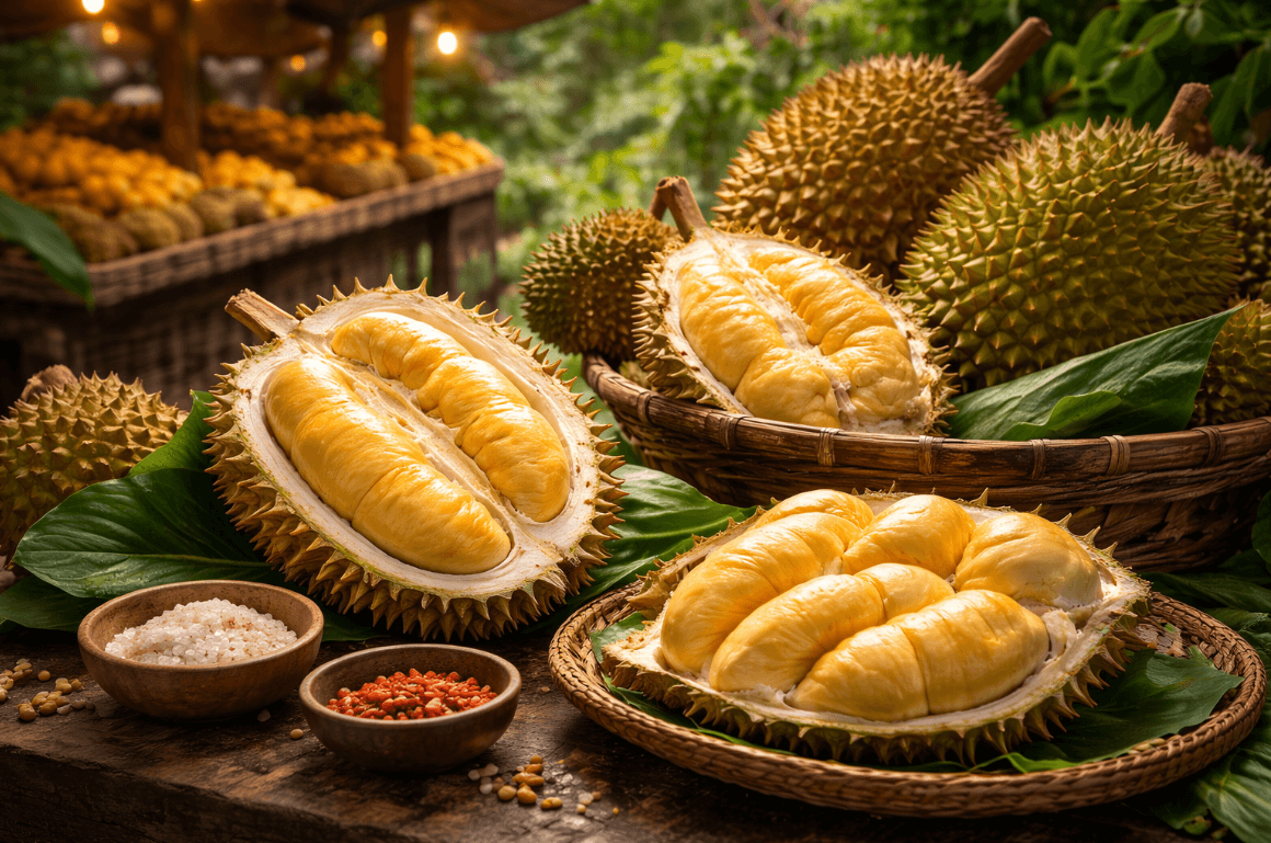 Selection of fresh fruits on table including durian