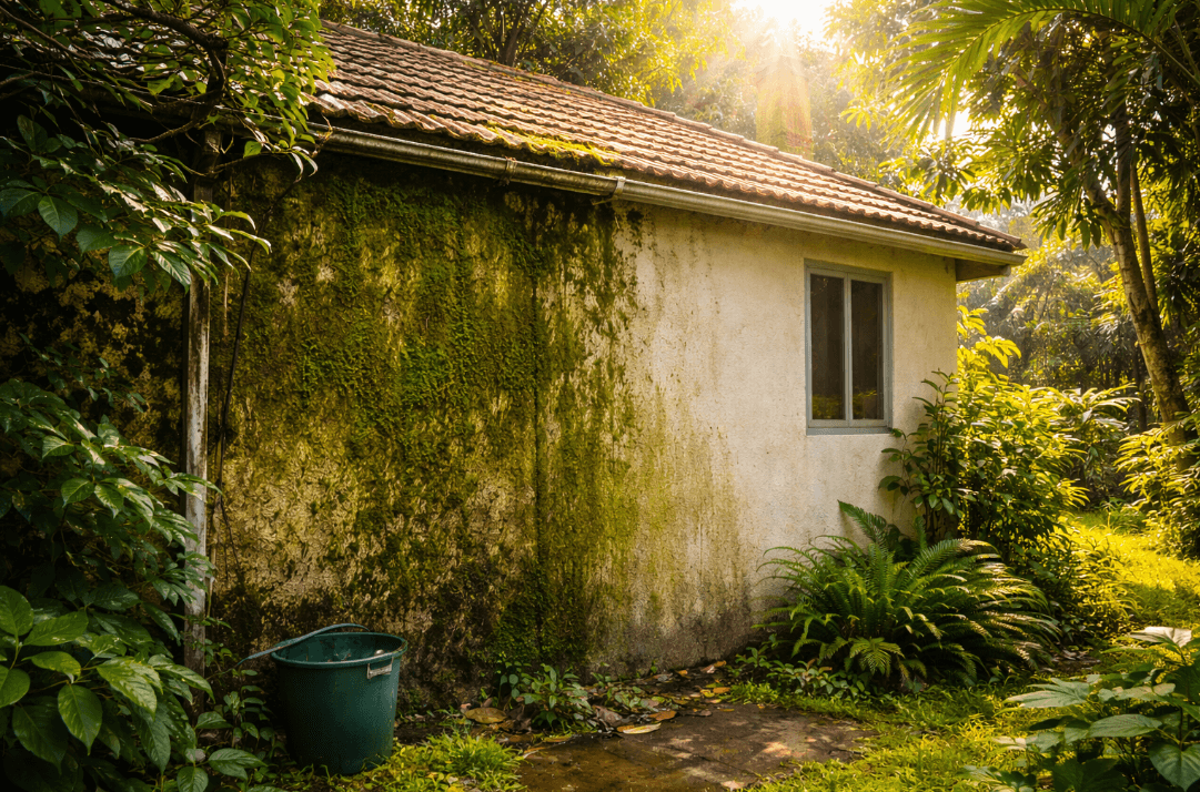 Small building with vines on exterior walls