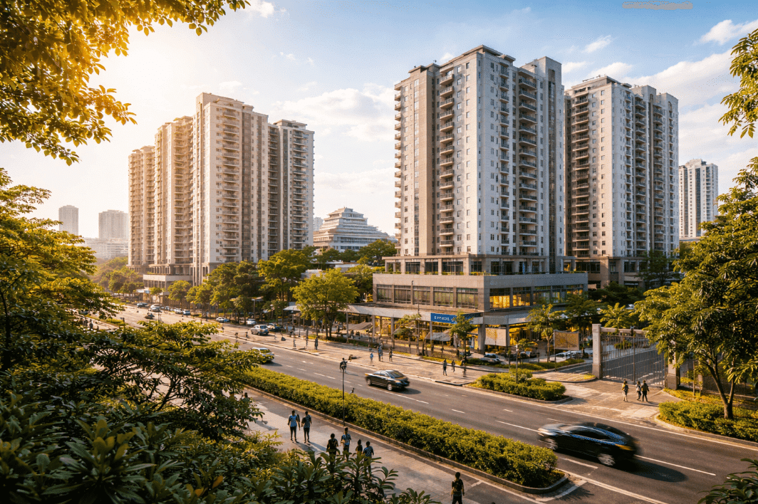 Tall buildings near green park
