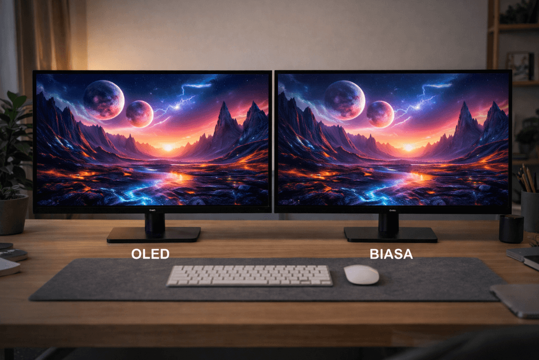 Two computer monitors on a wooden desk