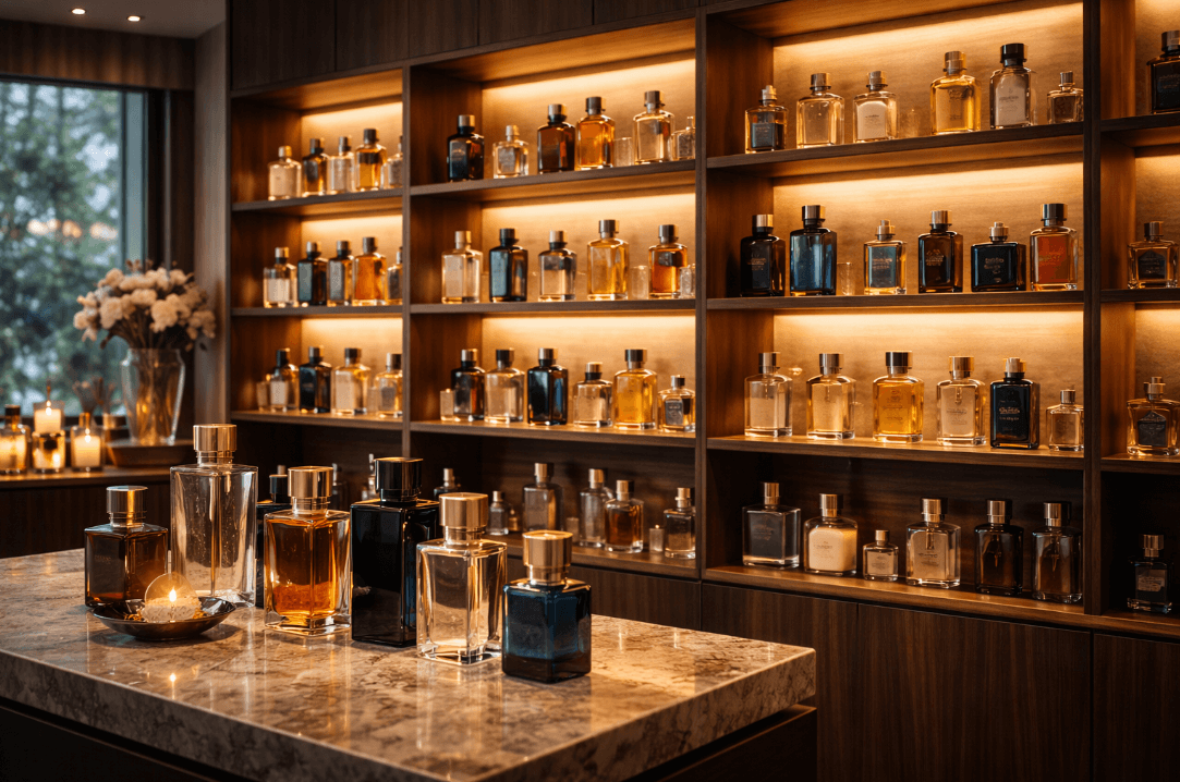 Variety of perfume bottles and candles in a room