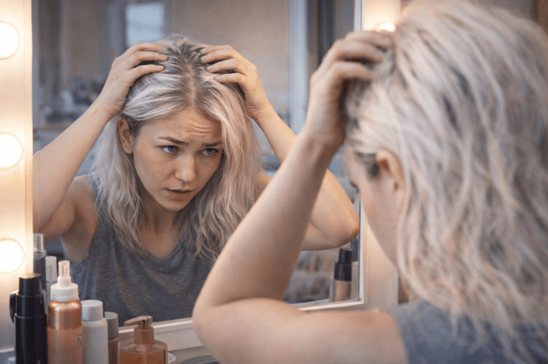 Woman examining hair in mirror for color damage