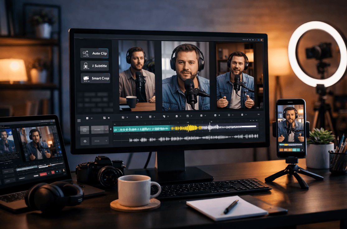 A desk featuring a computer, camera, and