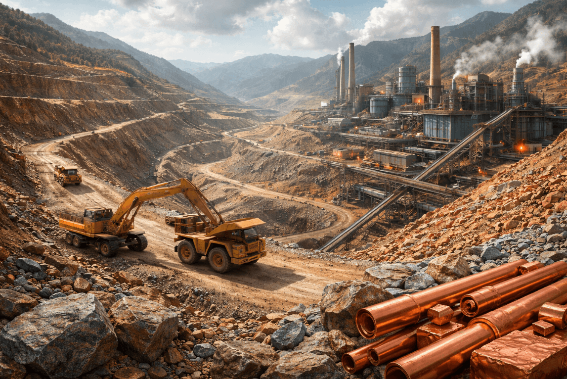 Dump truck mengangkut bahan baku tembaga