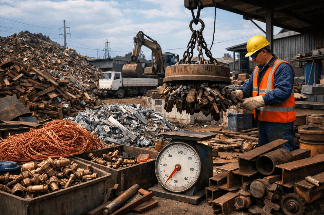 Man looking at a pile of scrap wood and