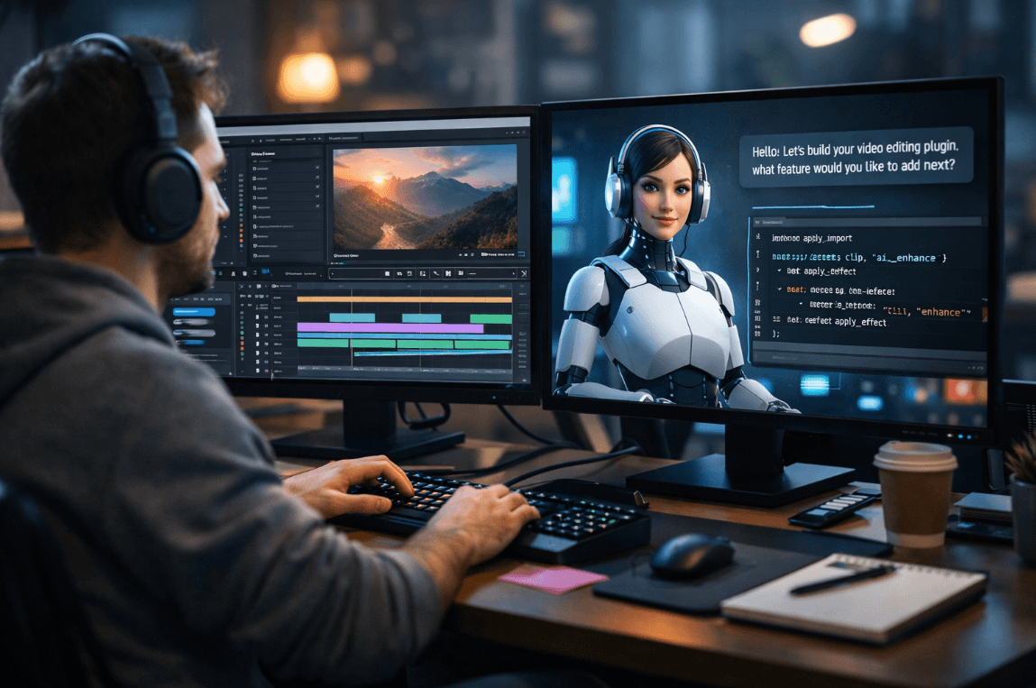 Man working on two monitors, developing