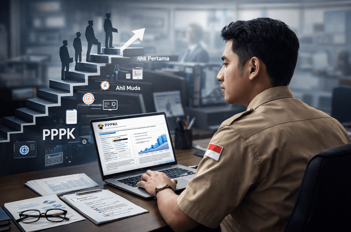 Pegawai PPPK pria bekerja di laptop