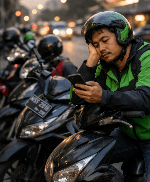 Pengemudi ojek online memeriksa ponsel di motor