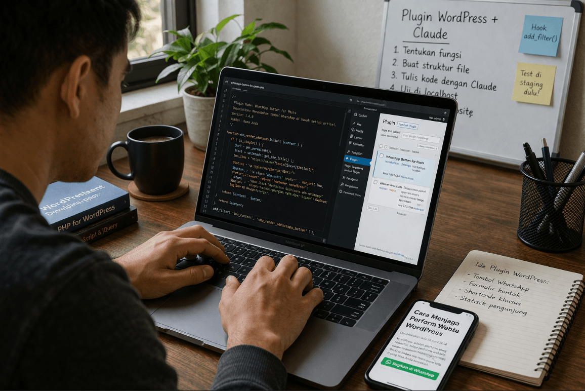 Pria bekerja di laptop membuat plugin WordPress