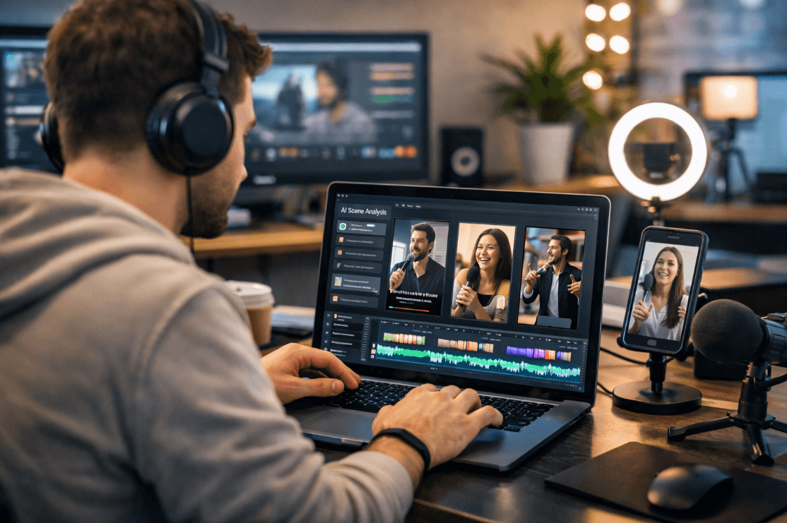 Pria menggunakan laptop untuk mengedit video menjadi Reels