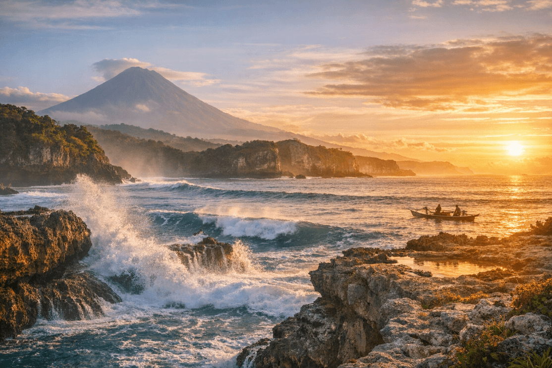 Sunset over ocean with boat in water