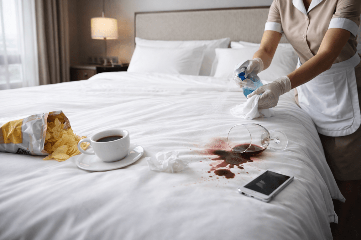 Wanita membersihkan noda kopi di