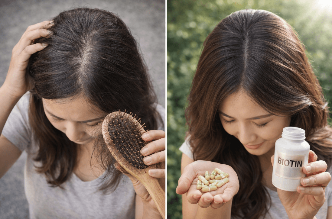 Woman holding a hairbrush and biotin