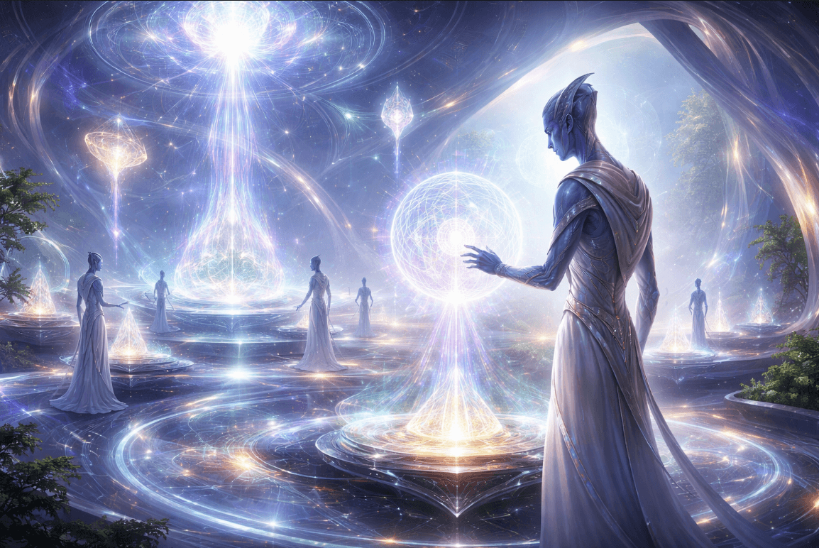 Woman in white dress by fountain, spiritual