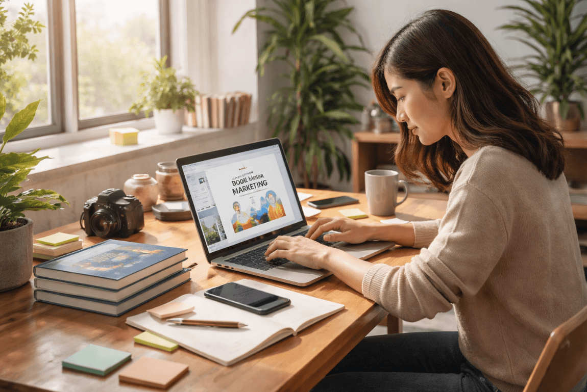 Woman working on a laptop, creating or selling digital