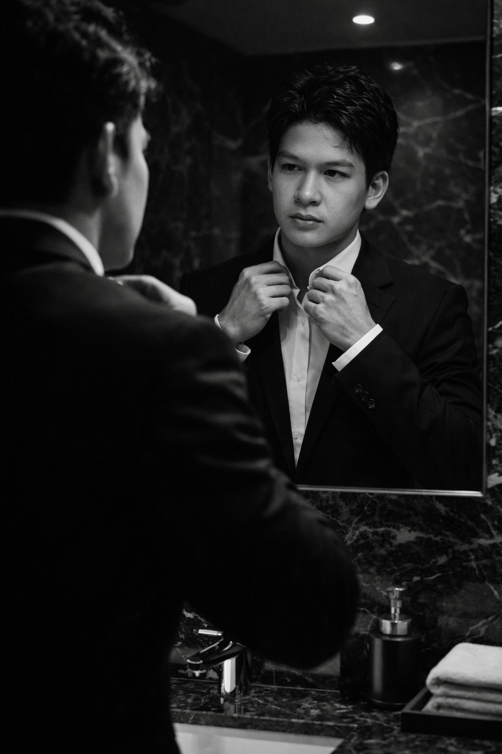 Businessman in suit fixing tie in mirror.