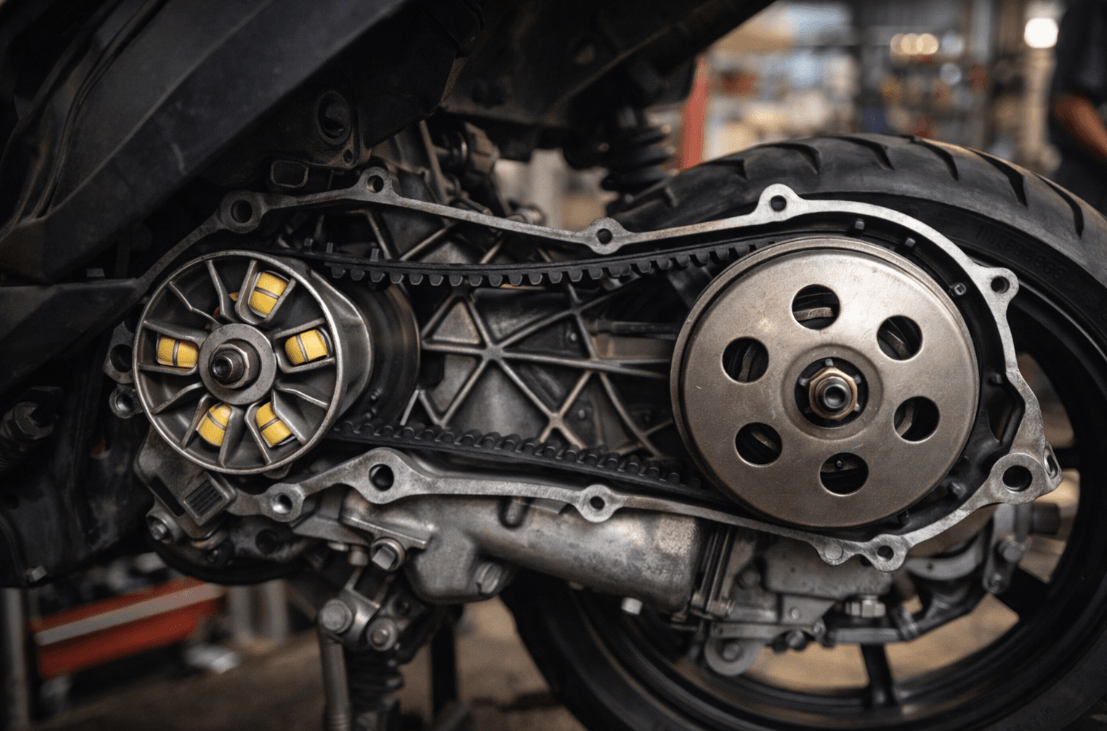 Close-up of a motorcycle engine with