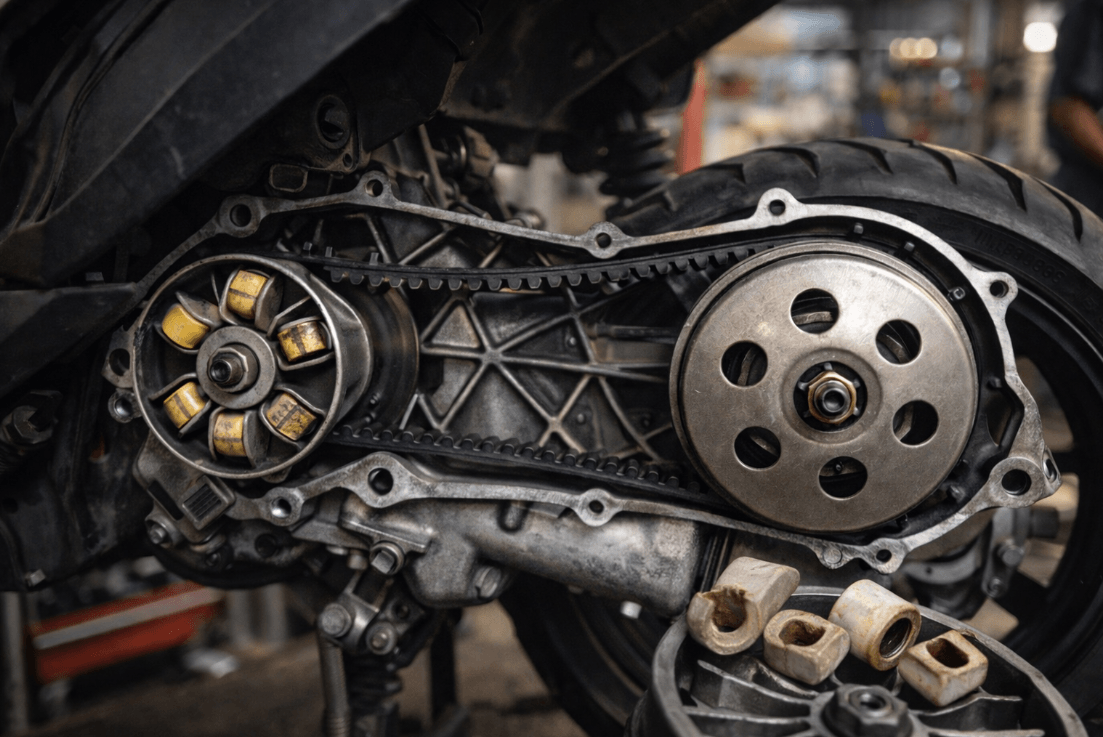 Close-up of automatic motorcycle engine and gear