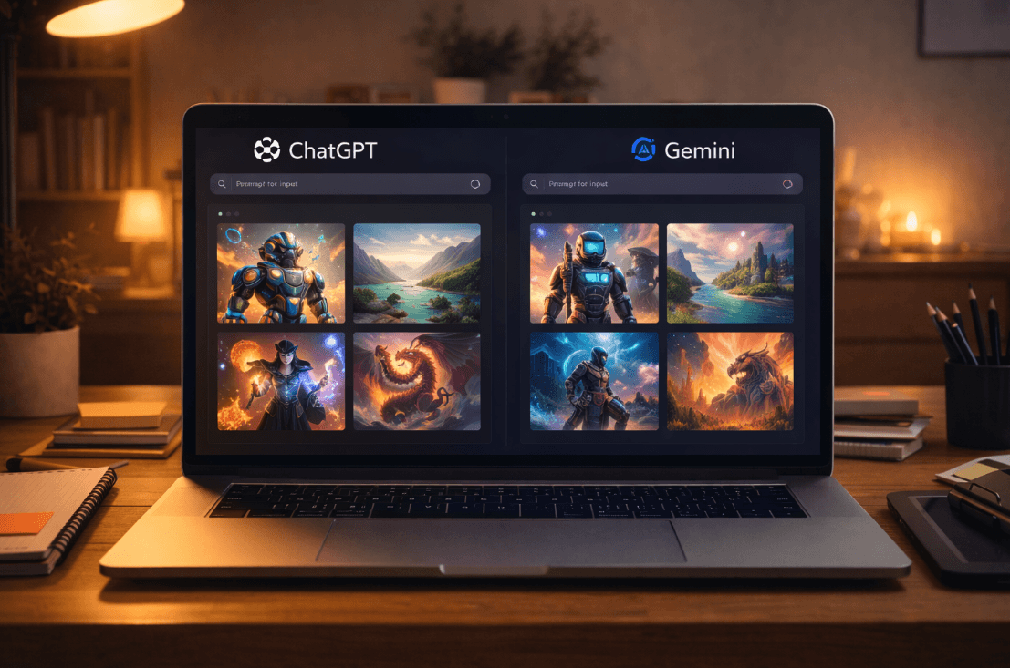 Laptop di meja kayu untuk akses Gemini