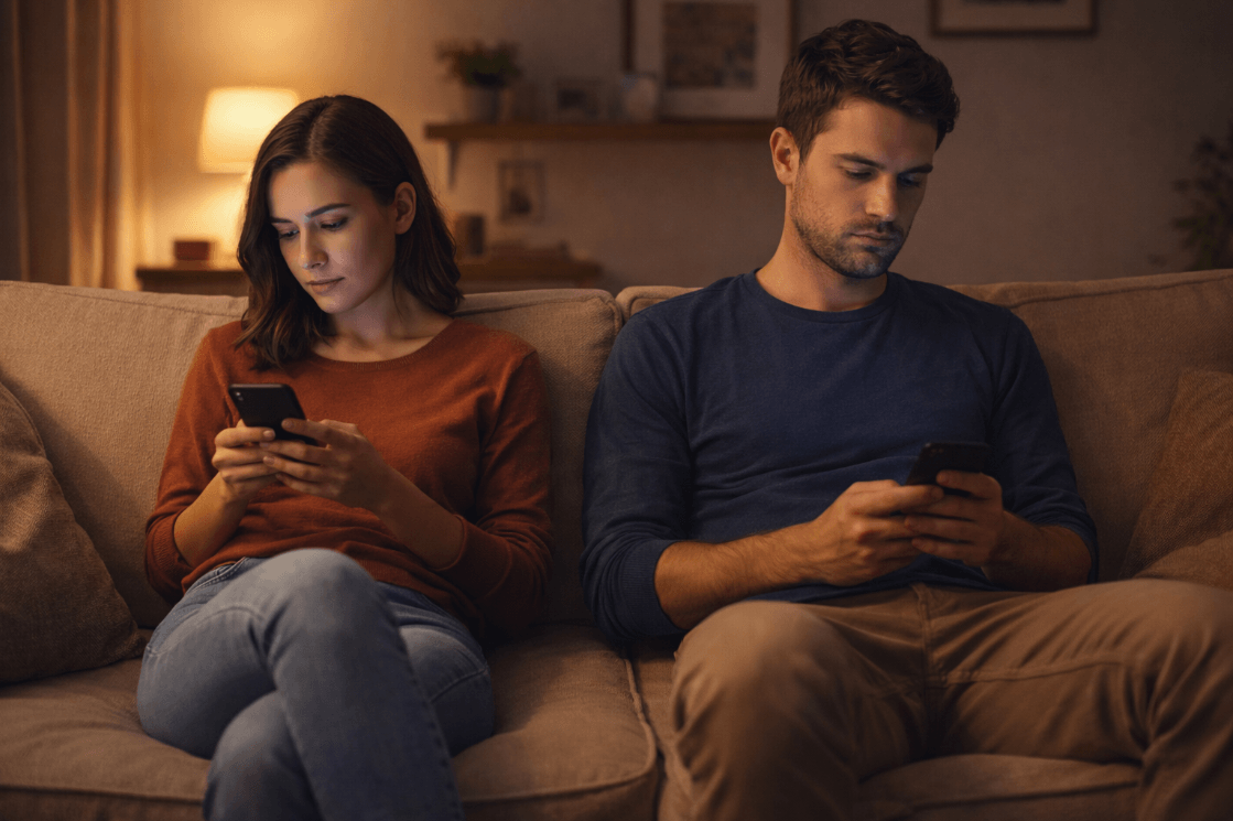 Man and woman on couch looking at phones, symptom