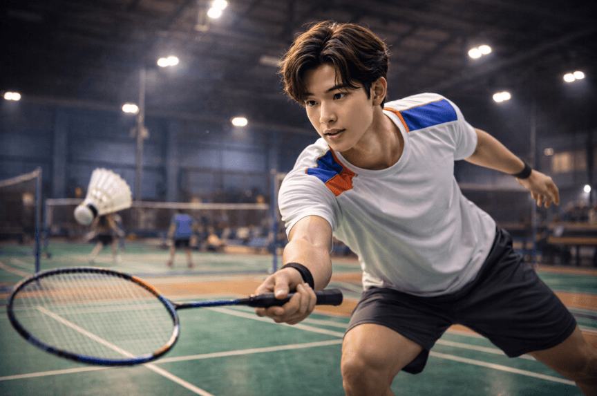 Man on tennis court holding racquet, illustrating sports