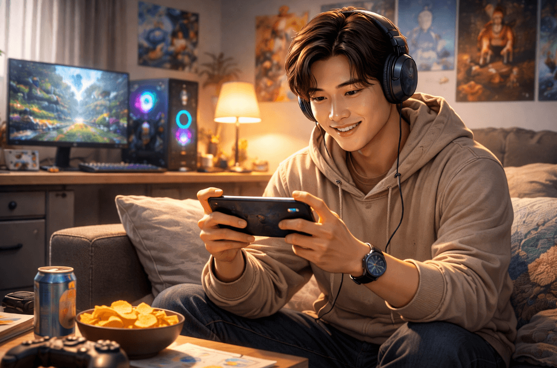 Man playing mobile game on couch