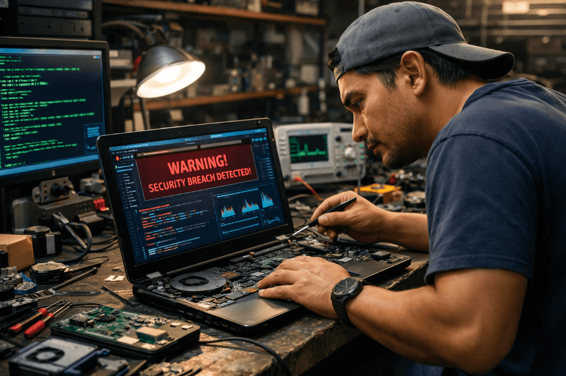 Man repairing laptop after hypervisor hack from cracked