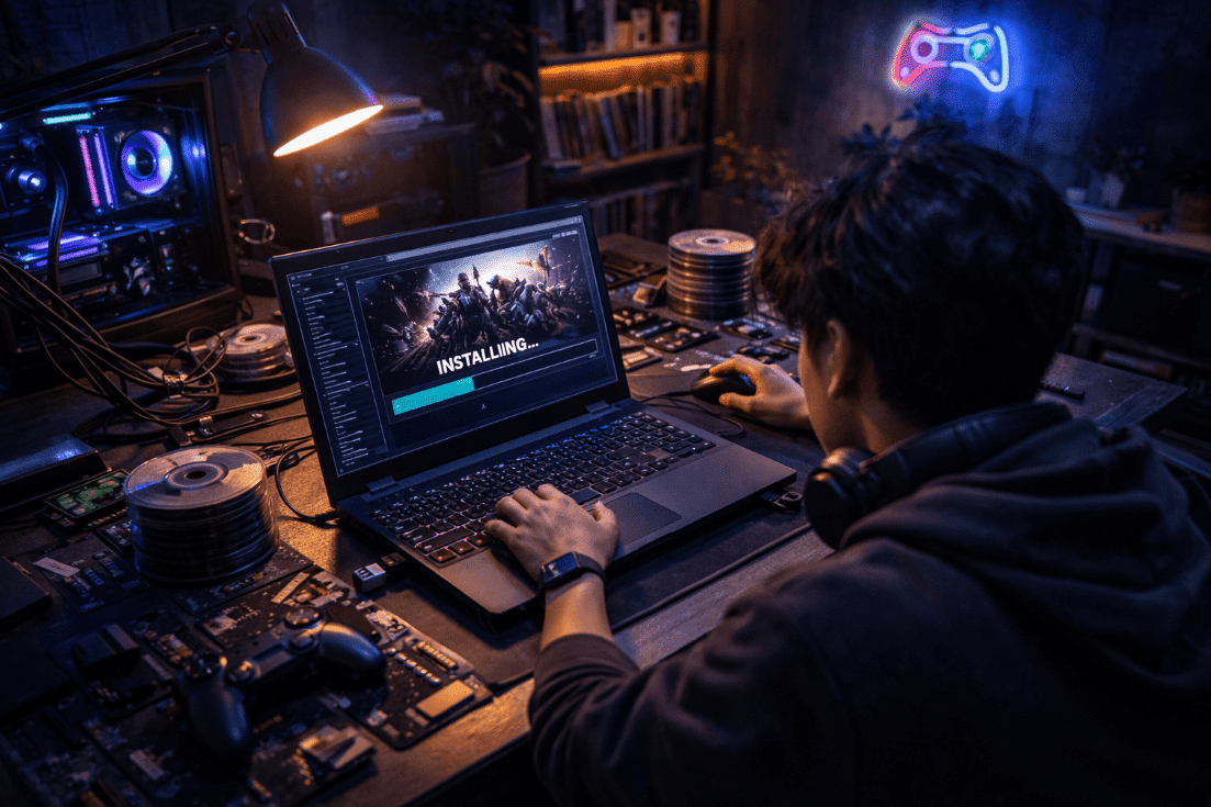 Man using laptop, discussing Skidrow