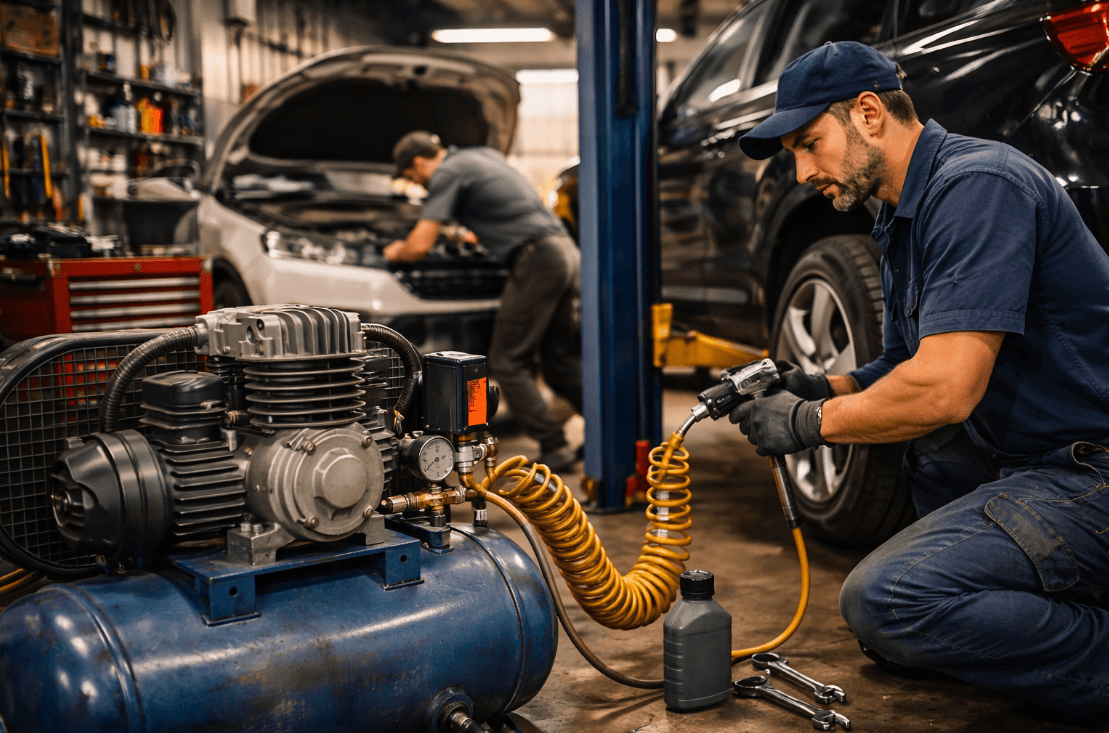 Man working on a car in a garage, using