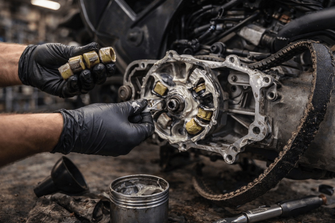 Man working on engine in workshop,