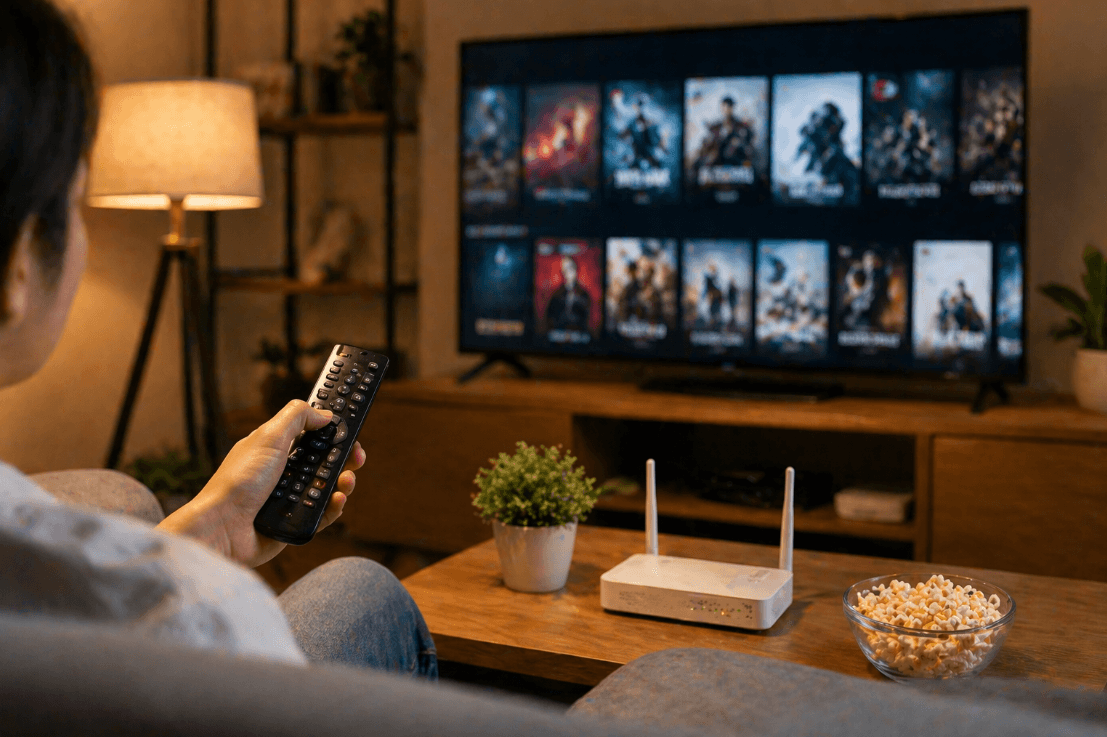 Orang menonton TV dengan remote