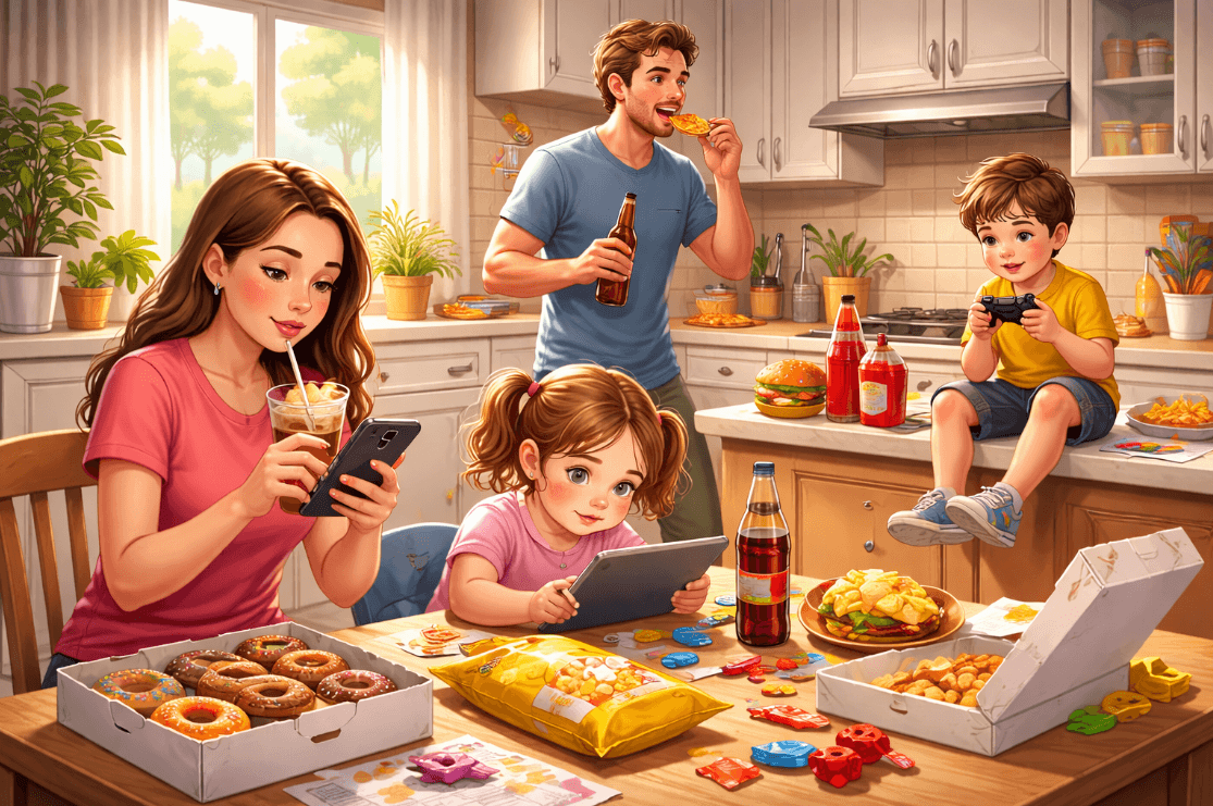 Painting of a family eating at a kitchen table