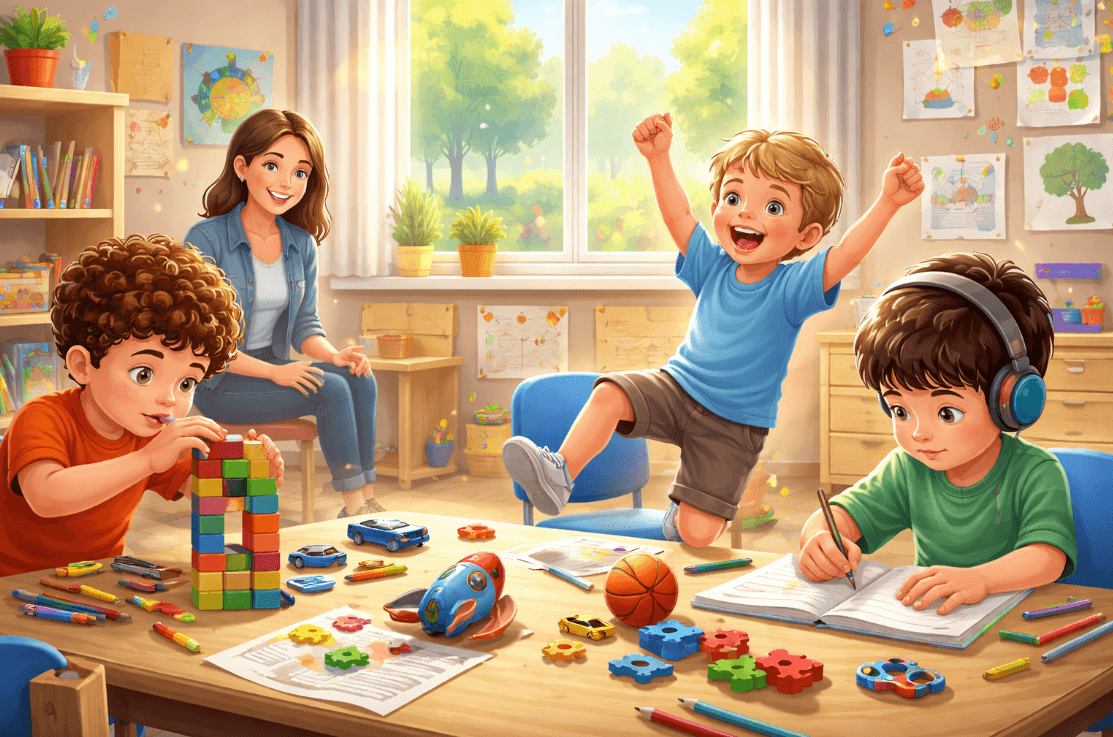 Painting of children playing with toys